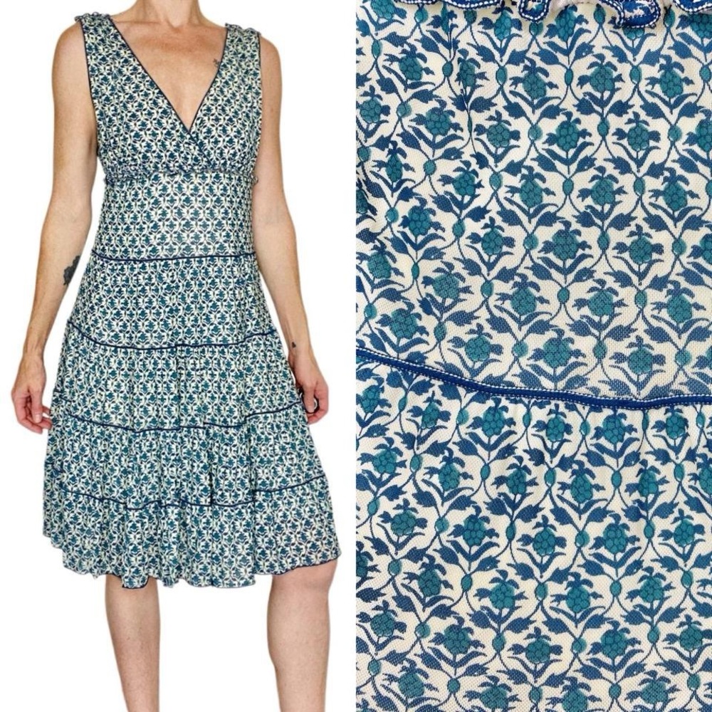 Studio M Blue & Cream Floral Sleeveless Boho Cottage Summer Knee-Length Dress